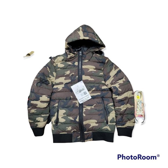 Levi's Mens Stretch Polyester Quilted Puffer Hoodie Jacket Camouflage Camo Small - Picture 2 of 9